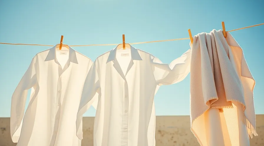 تصویری روشن و دلنشین از لباس‌های سفید و روشن که در زیر نور آفتاب می‌درخشند، نمادی از تمیزی و درخشندگی پایدار. رازهای ماندگاری و درخشندگی لباس‌های روشن و سفید با شستشوی صحیح.