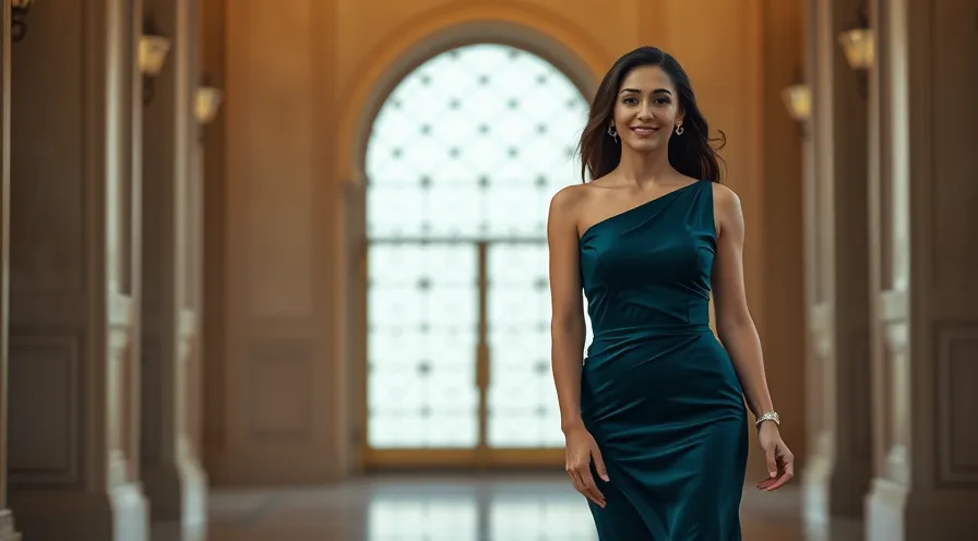 اهمیت انتخاب لباس مجلسی مناسب و افزایش اعتماد به نفس: تصویر بانوی ایرانی با لباسی مجلسی شیک و متناسب، با چهره‌ای سرشار از اعتماد به نفس و رضایت در حال ورود به یک مجلس باشکوه. لباس مجلسی برای درخشش و بیان شخصیت.