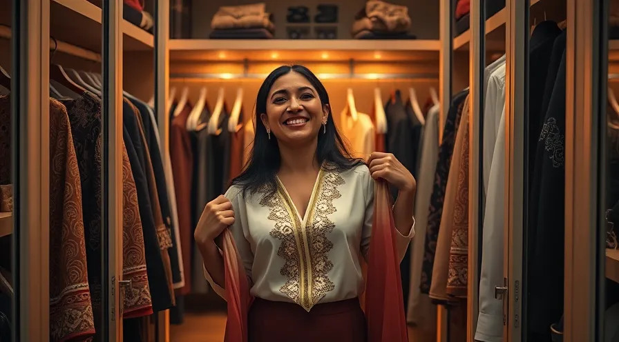 شومیز زنانه مجلسی: راه حل جادویی برای انتخاب لباس مهمانی. تصویر زنی شیک در حال انتخاب شومیز مجلسی از کمد لوکس خود، برای داشتن استایلی خاص و لوکس در مهمانی‌های رسمی.