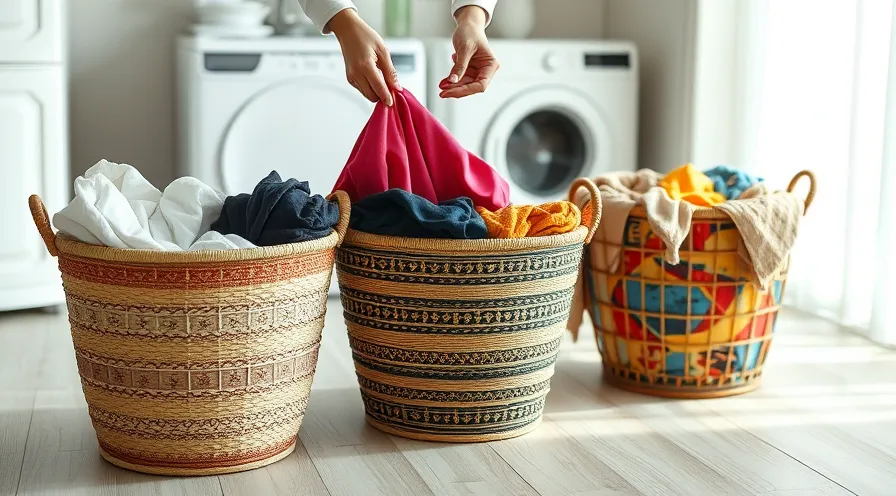 تصویری گویا از جداسازی لباس‌ها بر اساس رنگ (روشن، تیره، رنگی) در سبدهای بافتنی زیبا، نشان دهنده اهمیت این مرحله در شستشوی لباس‌ها. چگونگی جدا کردن لباس‌ها برای شستشوی بهتر و جلوگیری از رنگ‌دهی لباس‌ها.